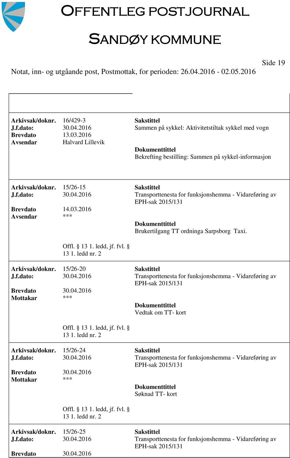 2016 Transporttenesta for funksjonshemma - Vidareføring av EPH-sak 2015/131 Brevdato 14.03.2016 *** Brukertilgang TT ordninga Sarpsborg Taxi. 13 1. ledd nr. 2 Arkivsak/doknr. 15/26-20 Sakstittel J.f.dato: 30.