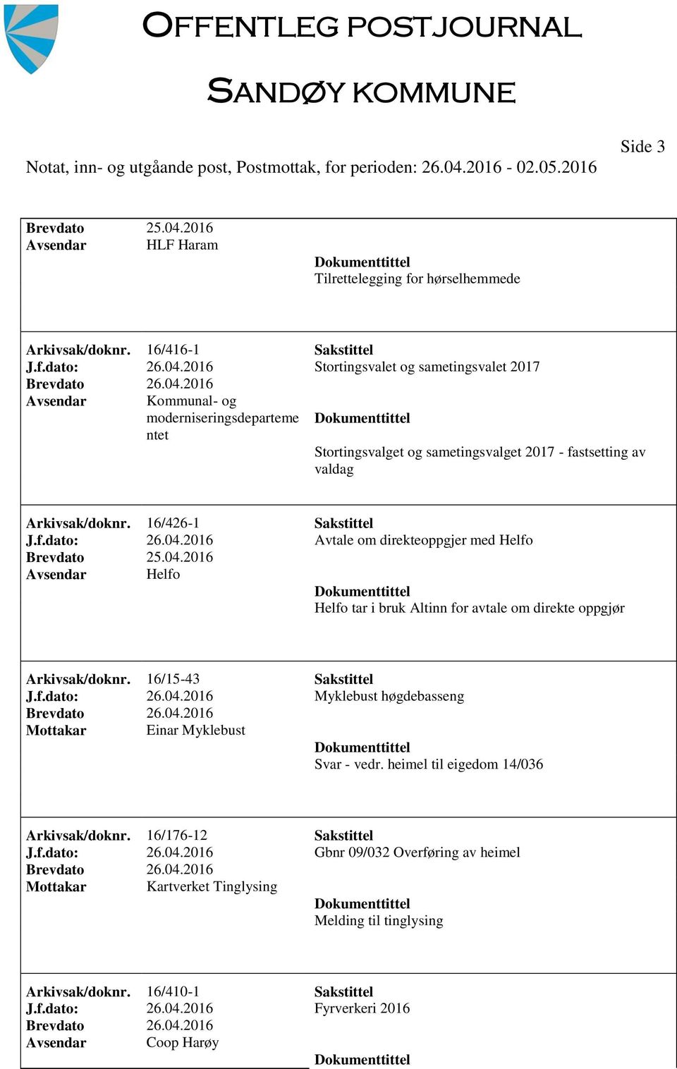 heimel til eigedom 14/036 Arkivsak/doknr. 16/176-12 Sakstittel J.f.dato: 26.04.2016 Gbnr 09/032 Overføring av heimel Mottakar Kartverket Tinglysing Melding til tinglysing Arkivsak/doknr.