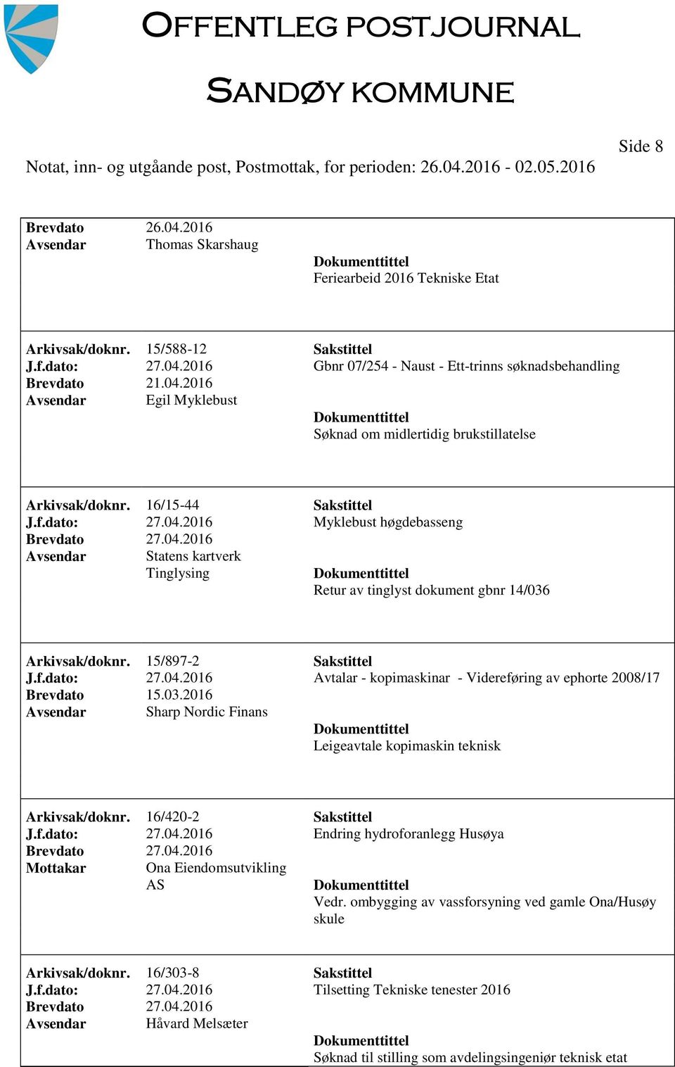 03.2016 Sharp Nordic Finans Leigeavtale kopimaskin teknisk Arkivsak/doknr. 16/420-2 Sakstittel J.f.dato: 27.04.2016 Endring hydroforanlegg Husøya Mottakar Ona Eiendomsutvikling AS Vedr.