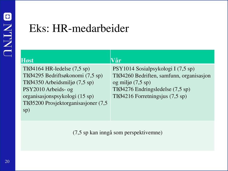 Prosjektorganisasjoner (7,5 sp) Vår PSY1014 Sosialpsykologi I (7,5 sp) TIØ4260 Bedriften, samfunn,