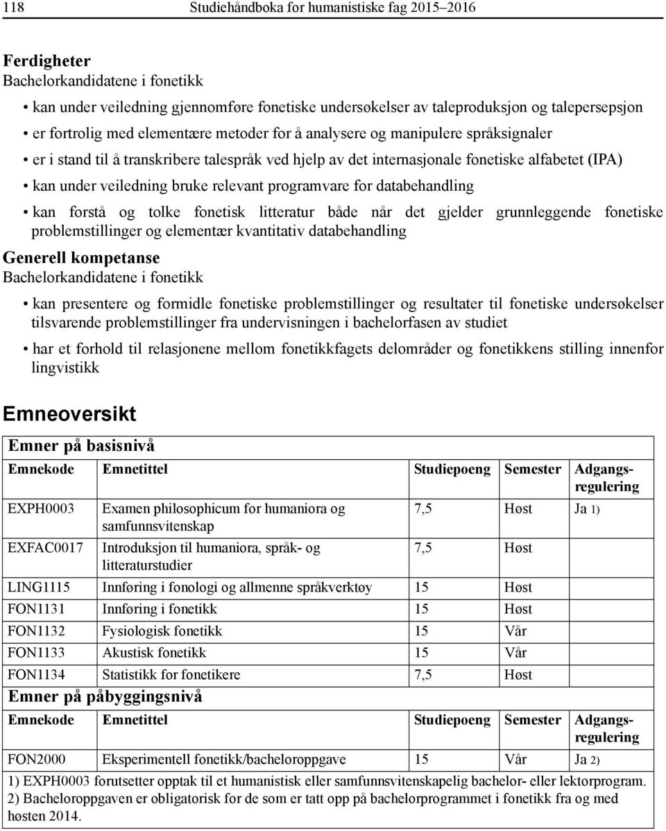 relevant programvare for databehandling kan forstå og tolke fonetisk litteratur både når det gjelder grunnleggende fonetiske problemstillinger og elementær kvantitativ databehandling Generell