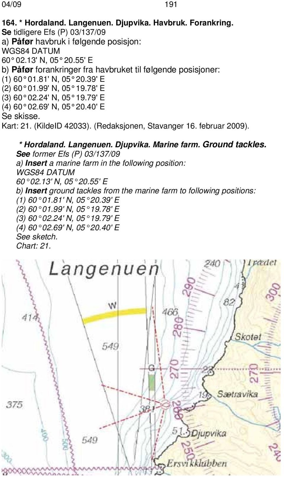 Kart: 21. (KildeID 42033). (Redaksjonen, Stavanger 16. februar 2009). * Hordaland. Langenuen. Djupvika. Marine farm. Ground tackles.