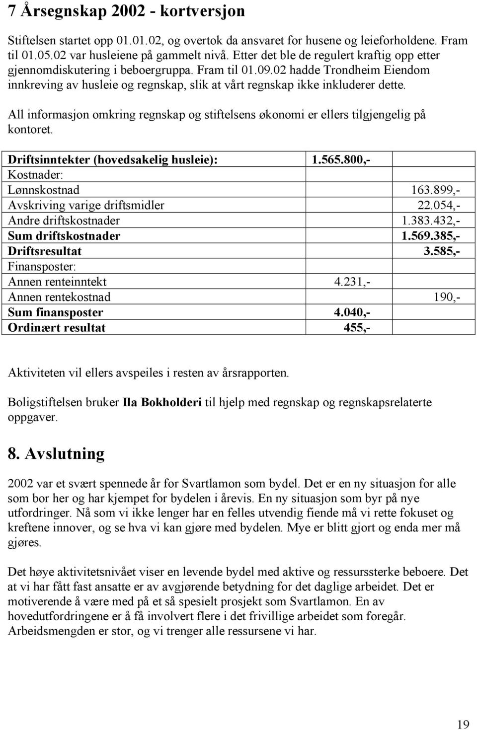 All informasjon omkring regnskap og stiftelsens økonomi er ellers tilgjengelig på kontoret. Driftsinntekter (hovedsakelig husleie): 1.565.800,- Kostnader: Lønnskostnad 163.