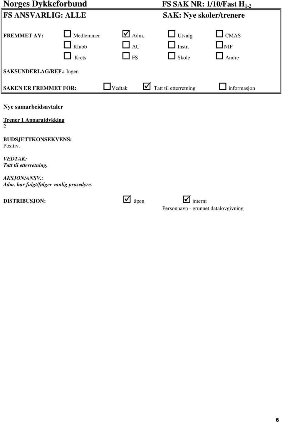 : Ingen SAKEN ER FREMMET FOR: Vedtak Tatt til etterretning informasjon Nye samarbeidsavtaler Trener 1 Apparatdykking