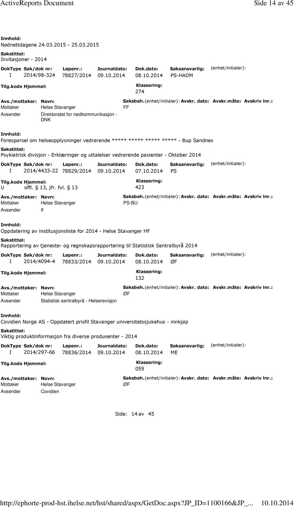 : FF Forespørsel om helseopplysninger vedrørende ***** ***** ***** ***** - Bup Sandnes Psykiatrisk divisjon - Erklæringer og uttalelser vedrørende pasienter - Oktober 2014 2014/4433-22 78829/2014 07.