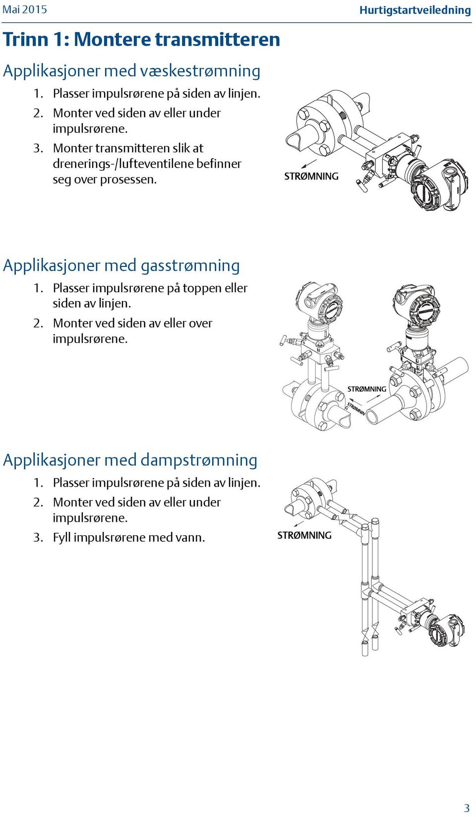 STRØMNING Hurtigstartveiledning Applikasjoner med gasstrømning 1. Plasser impulsrørene på toppen eller siden av linjen. 2.