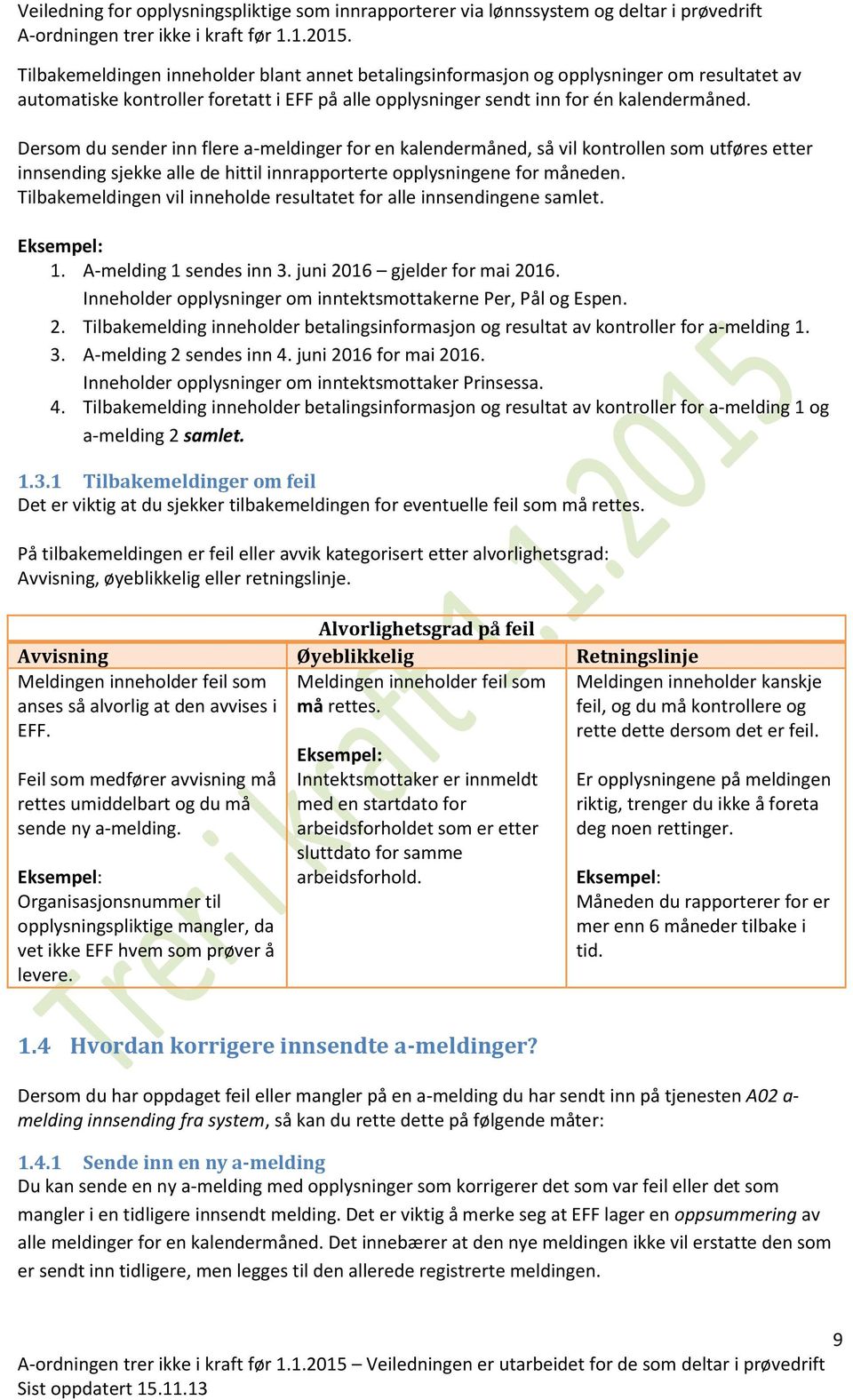 Tilbakemeldingen vil inneholde resultatet for alle innsendingene samlet. Eksempel: 1. A-melding 1 sendes inn 3. juni 2016 gjelder for mai 2016.