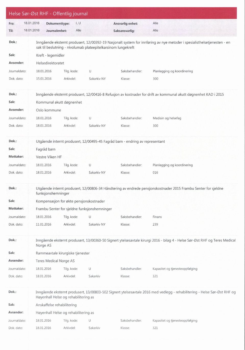 legemidler Helsedirektoratet Journaldato: 18.01.2016 Tilg. kode: U Saksbehandler: Planlegging og koordinering Dok. dato: 15.01.2016 Arkivdel: Sakarkiv NY Klasse: 300 Dok.