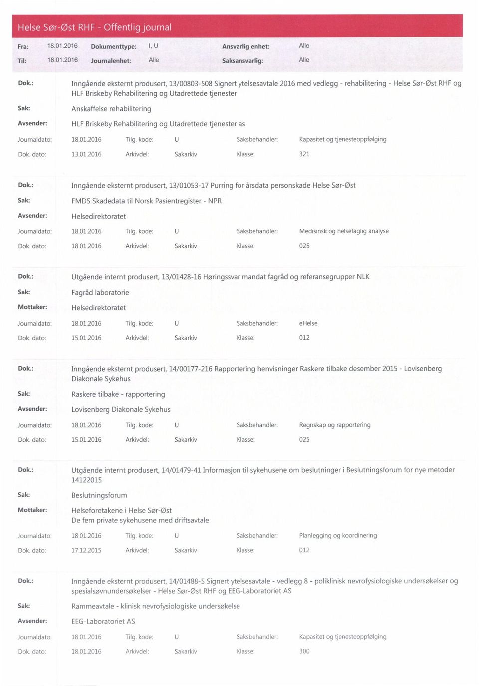 : Inngående eksternt produsert, 13/01053-17 Purring for årsdata personskade Helse Sør-Øst FMDS Skadedata til Norsk Pasientregister - NPR Helsedirektoratet Journaldato: 18.01.2016 Tilg.