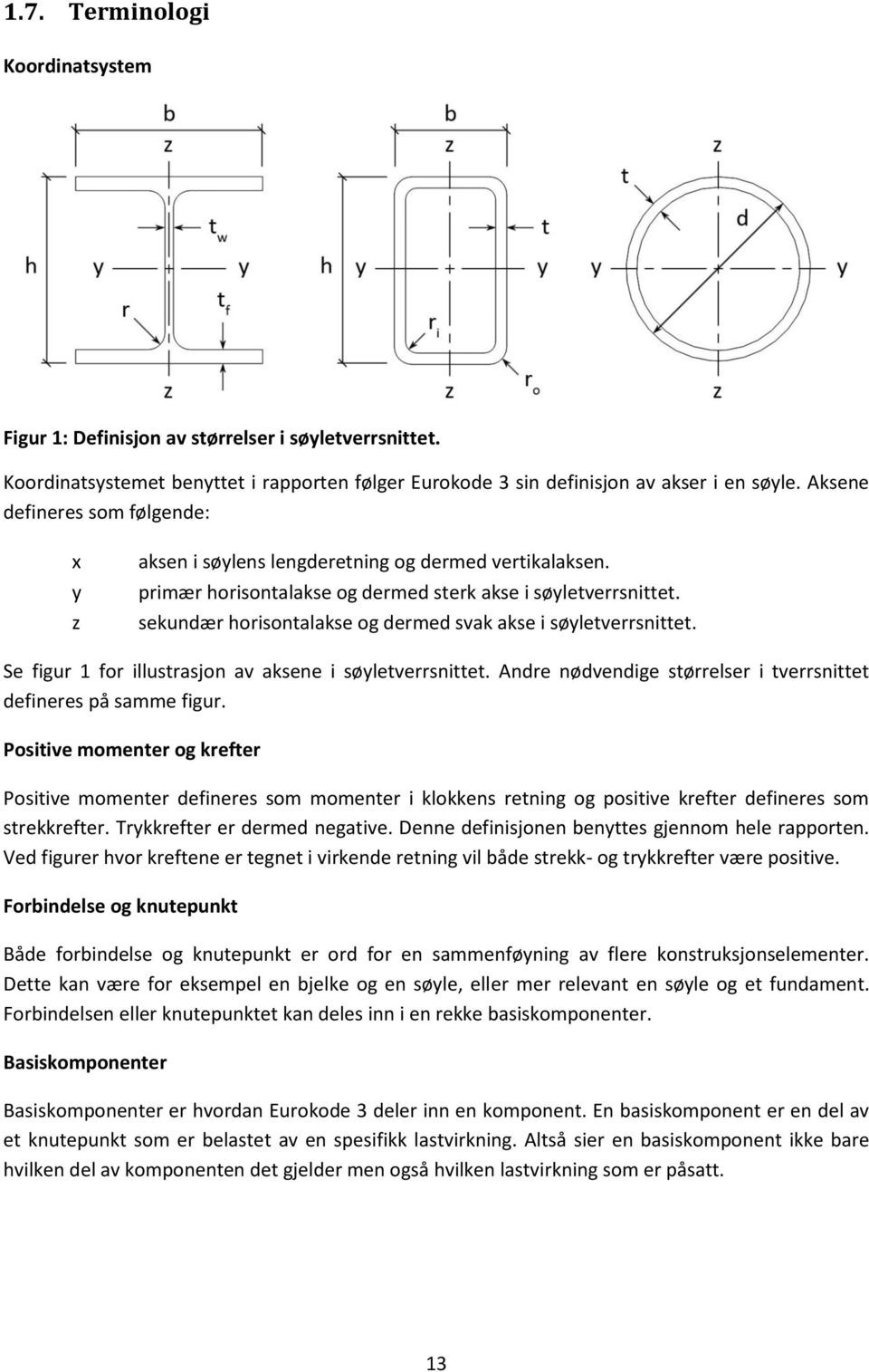 z sekundær horisontalakse og dermed svak akse i søyletverrsnittet. Se figur 1 for illustrasjon av aksene i søyletverrsnittet. Andre nødvendige størrelser i tverrsnittet defineres på samme figur.