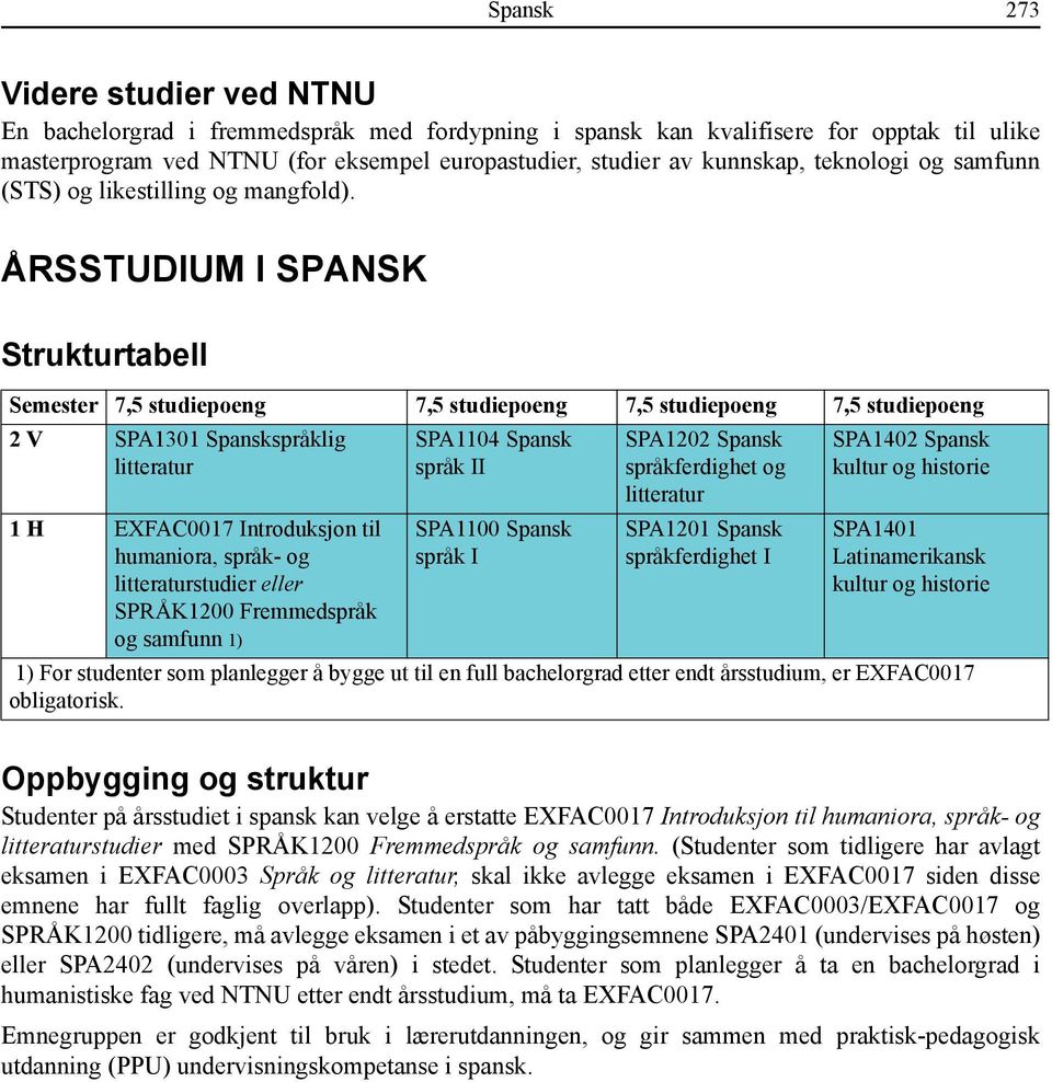 ÅRSSTUDIUM I SPANSK Strukturtabell Semester 7,5 studiepoeng 7,5 studiepoeng 7,5 studiepoeng 7,5 studiepoeng 2 V SPA1301 Spanskspråklig 1 H EXFAC0017 Introduksjon til humaniora, språk- og studier