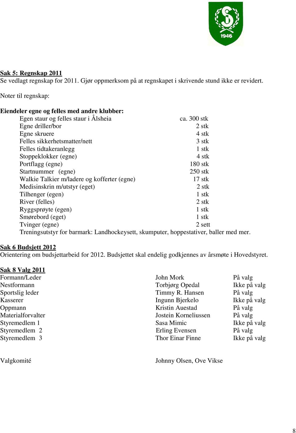 300 stk Egne driller/bor 2 stk Egne skruere 4 stk Felles sikkerhetsmatter/nett 3 stk Felles tidtakeranlegg 1 stk Stoppeklokker (egne) 4 stk Portflagg (egne) 180 stk Startnummer (egne) 250 stk Walkie