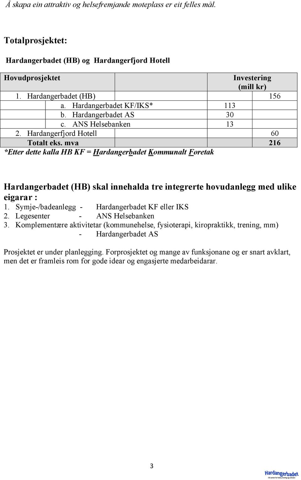 mva 216 *Etter dette kalla HB KF = Hardangerbadet Kommunalt Føretak Hardangerbadet (HB) skal innehalda tre integrerte hovudanlegg med ulike eigarar : 1.