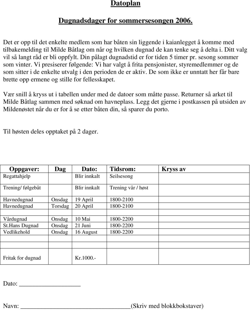 tilbakemelding til Milde Båtlag om når og hvilken dugnad de kan tenke seg å delta i. Ditt valg vil så langt råd er bli oppfylt. Din pålagt dugnadstid er for tiden 5 timer pr. sesong sommer som vinter.