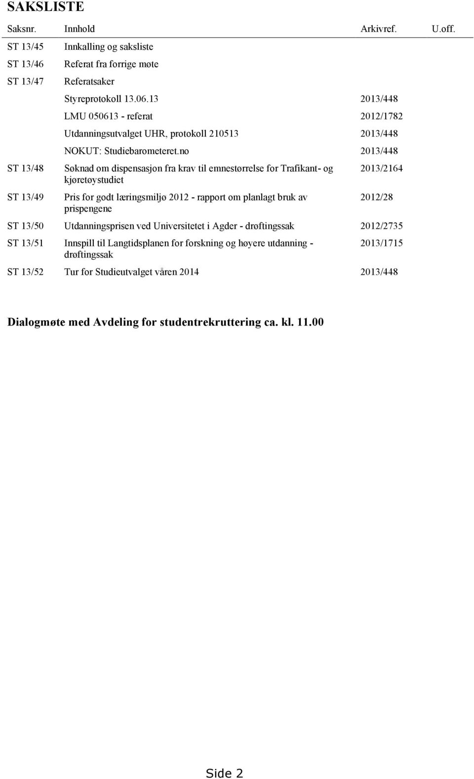 no 2013/448 Søknad om dispensasjon fra krav til emnestørrelse for Trafikant- og kjøretøystudiet Pris for godt læringsmiljø 2012 - rapport om planlagt bruk av prispengene 2013/2164 2012/28 ST
