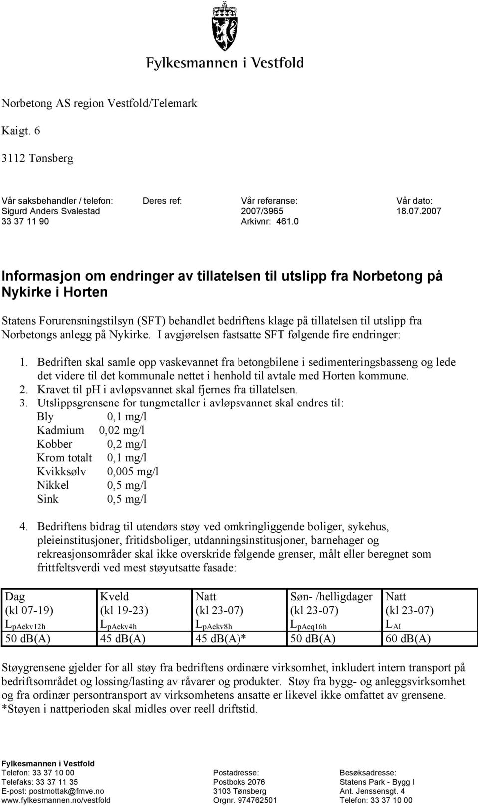 på Nykirke. I avgjørelsen fastsatte SFT følgende fire endringer: 1.