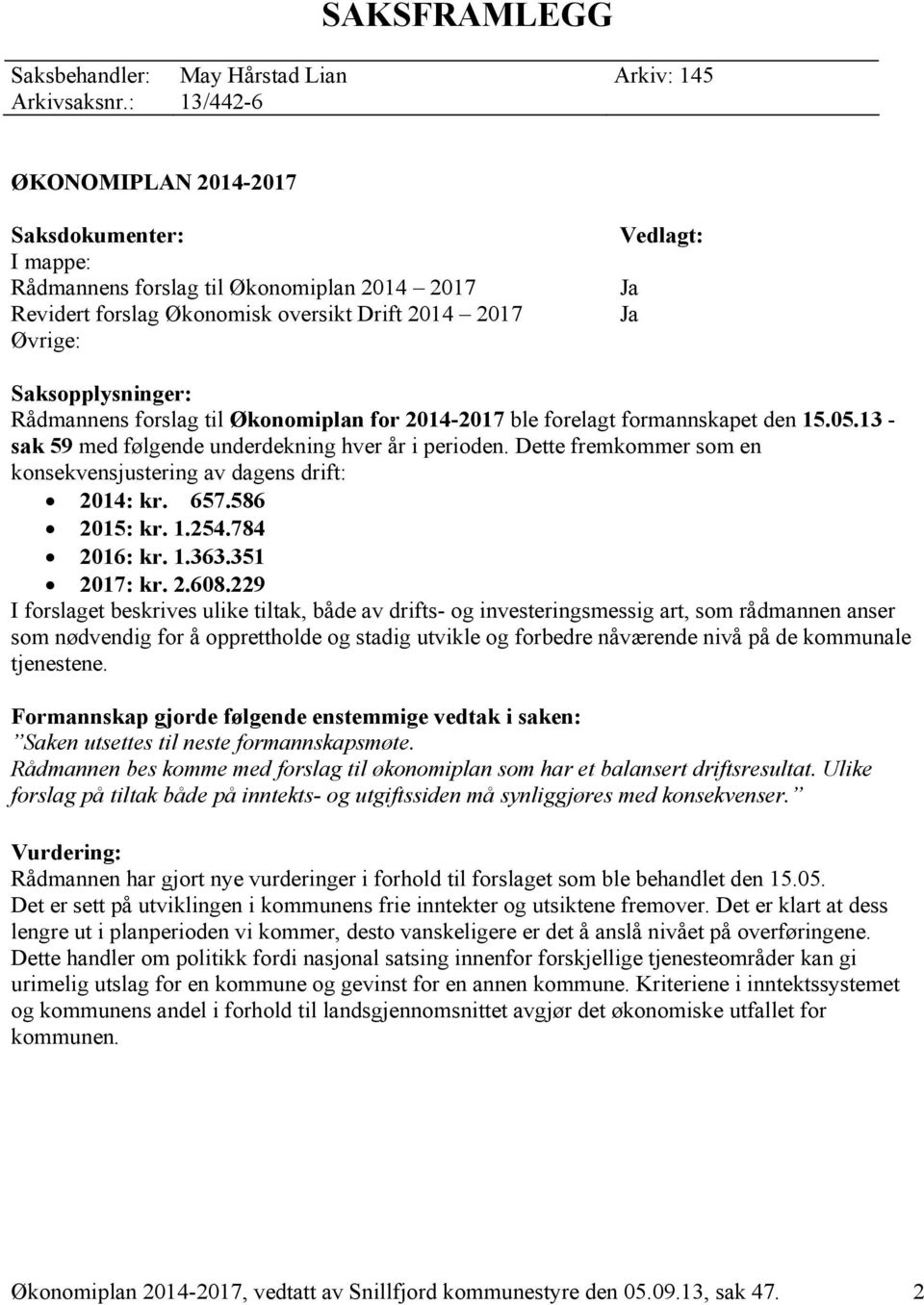 Rådmannens forslag til Økonomiplan for 2014-2017 ble forelagt formannskapet den 15.05.13 - sak 59 med følgende underdekning hver år i perioden.