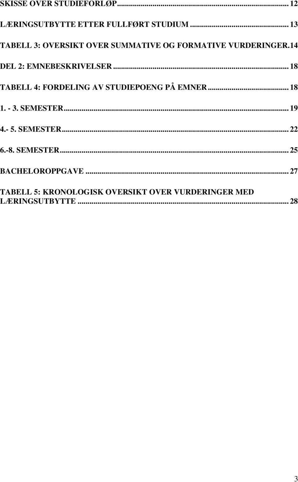 .. 18 TABELL 4: FORDELING AV STUDIEPOENG PÅ EMNER... 18 1. - 3. SEMESTER... 19 4.- 5. SEMESTER... 22 6.