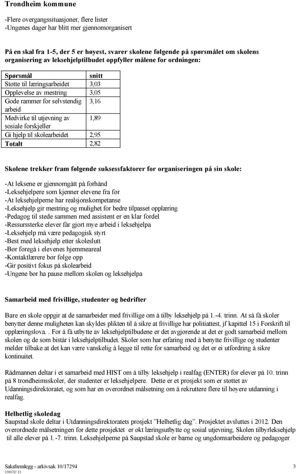 sosiale forskjeller Gi hjelp til skolearbeidet 2,95 Totalt 2,82 Skolene trekker fram følgende suksessfaktorer for organiseringen på sin skole: -At leksene er gjennomgått på forhånd -Leksehjelpere som