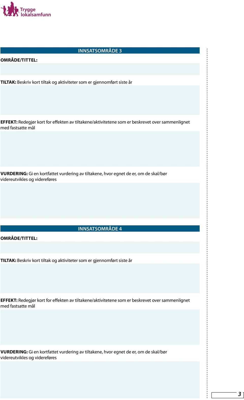 videreføres OMRÅDE/TITTEL: INNSATSOMRÅDE 4 TILTAK: Beskriv kort tiltak og aktiviteter som er gjennomført siste år EFFEKT: Redegjør kort for effekten av