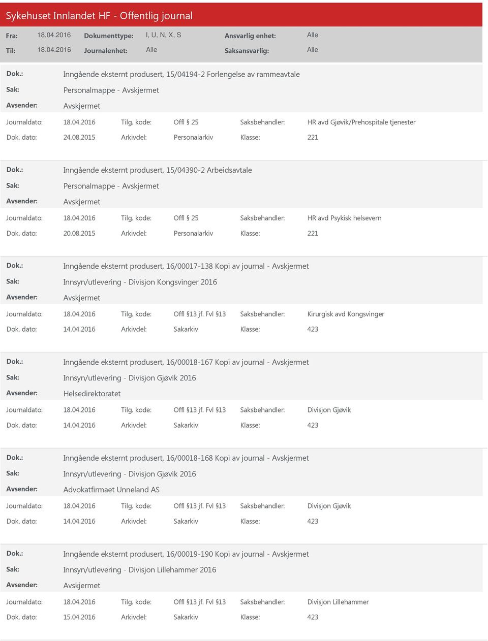 2015 Arkivdel: Personalarkiv Inngående eksternt produsert, 16/00017-138 Kopi av journal - Innsyn/utlevering - Divisjon Kongsvinger 2016 Kirurgisk avd Kongsvinger Dok. dato: 14.04.