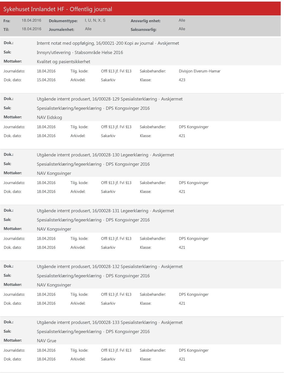 dato: Arkivdel: Sakarkiv 421 tgående internt produsert, 16/00028-130 Legeerklæring - Spesialisterklæring/legeerklæring - DPS Kongsvinger 2016 NAV Kongsvinger DPS Kongsvinger Dok.