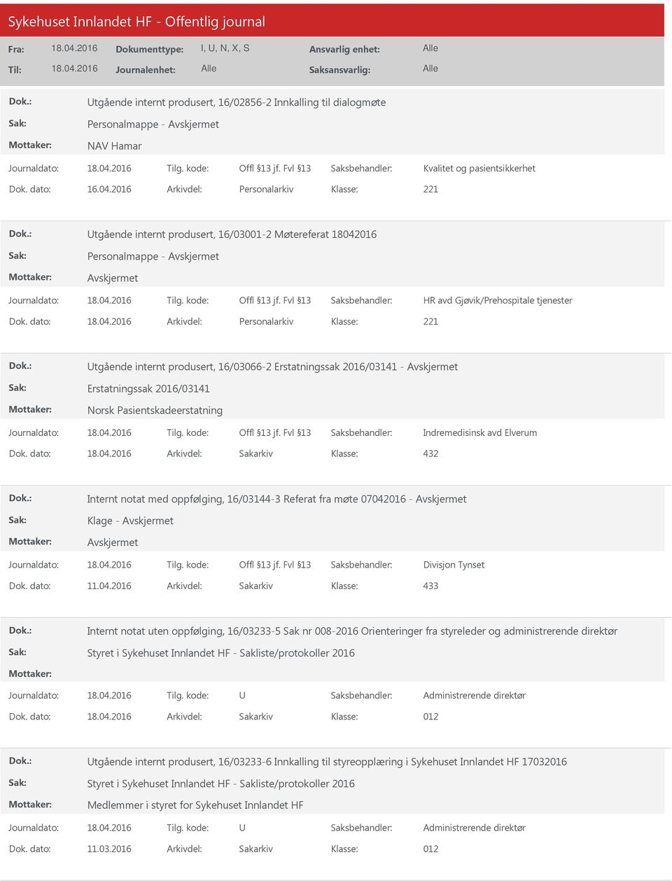 dato: Arkivdel: Personalarkiv tgående internt produsert, 16/03066-2 Erstatningssak 2016/03141 - Erstatningssak 2016/03141 Norsk Pasientskadeerstatning Indremedisinsk avd Elverum Dok.