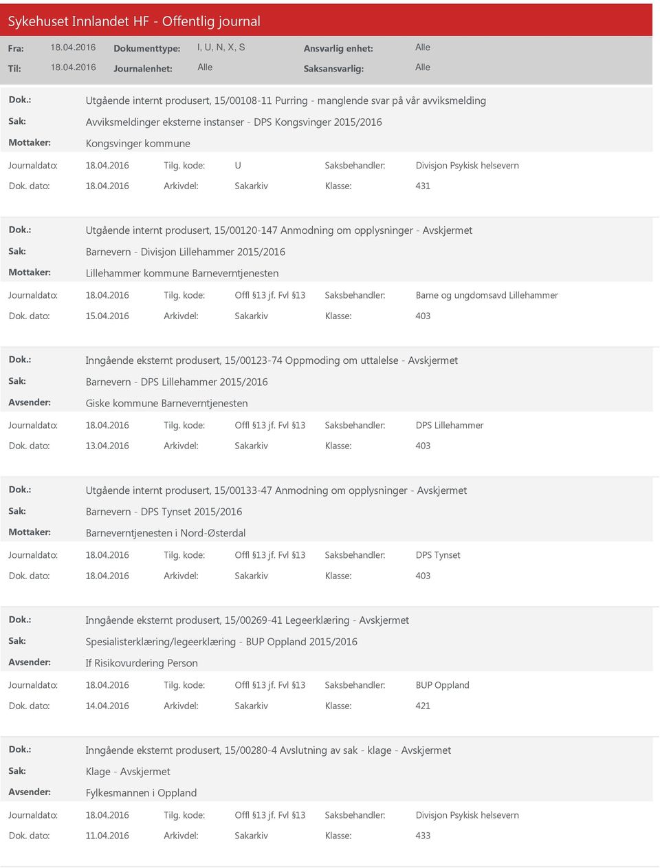 dato: Arkivdel: Sakarkiv 431 tgående internt produsert, 15/00120-147 Anmodning om opplysninger - Barnevern - Divisjon Lillehammer 2015/2016 Lillehammer kommune Barneverntjenesten Barne og ungdomsavd