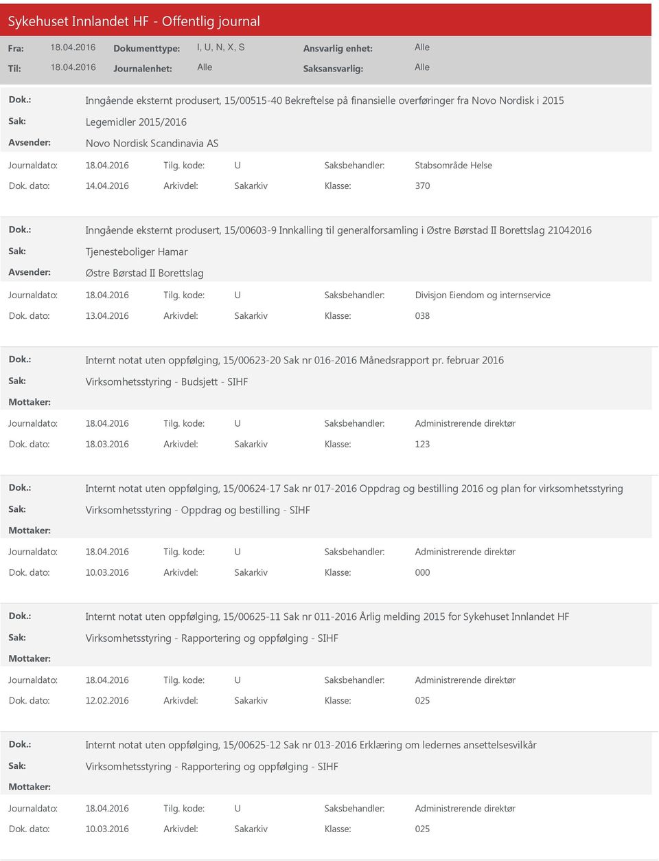 Divisjon Eiendom og internservice Dok. dato: 13.04.2016 Arkivdel: Sakarkiv 038 Internt notat uten oppfølging, 15/00623-20 Sak nr 016-2016 Månedsrapport pr.