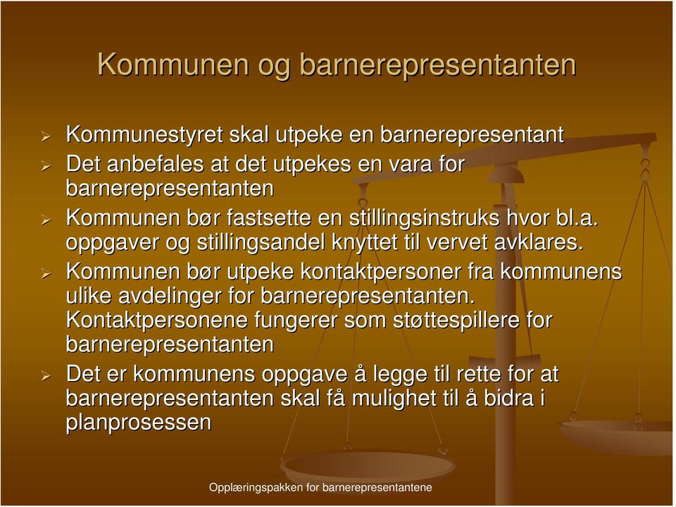 Kommunen bør b r utpeke kontaktpersoner fra kommunens ulike avdelinger for barnerepresentanten.