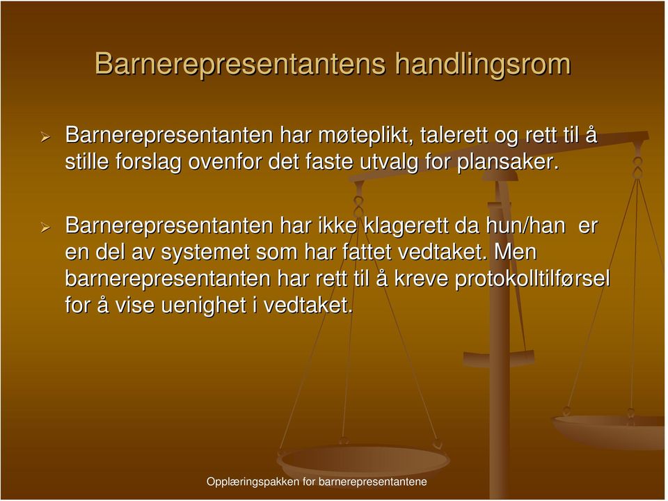 Barnerepresentanten har ikke klagerett da hun/han er en del av systemet som har fattet