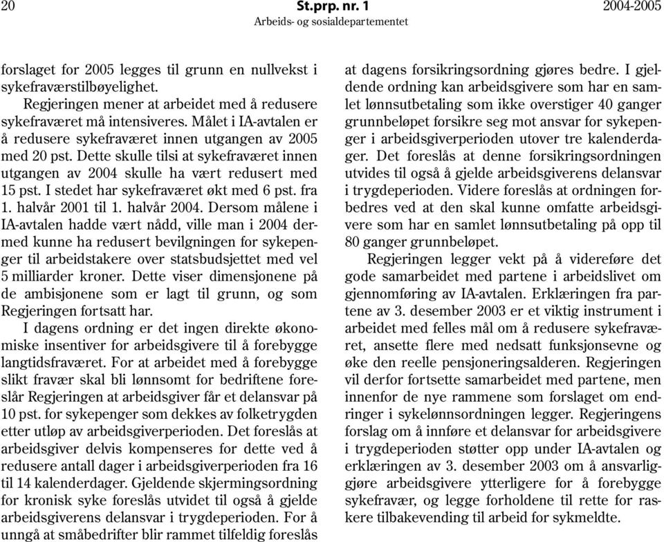 I stedet har sykefraværet økt med 6 pst. fra 1. halvår 2001 til 1. halvår 2004.