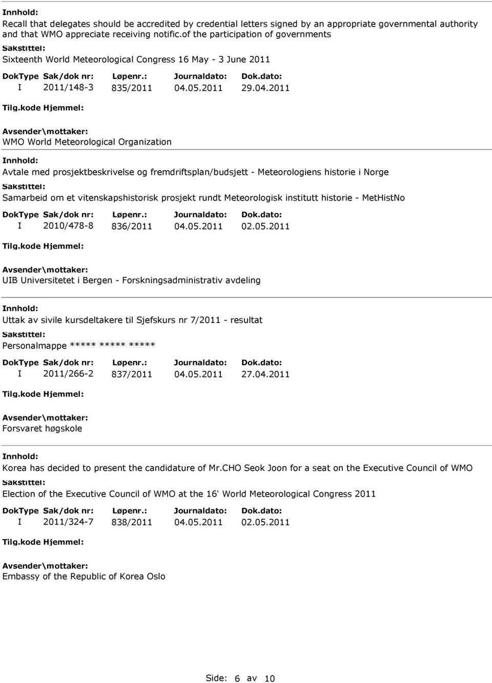 historie i Norge Samarbeid om et vitenskapshistorisk prosjekt rundt Meteorologisk institutt historie - MetHistNo 2010/478-8 836/2011 B niversitetet i Bergen - Forskningsadministrativ avdeling nnhold: