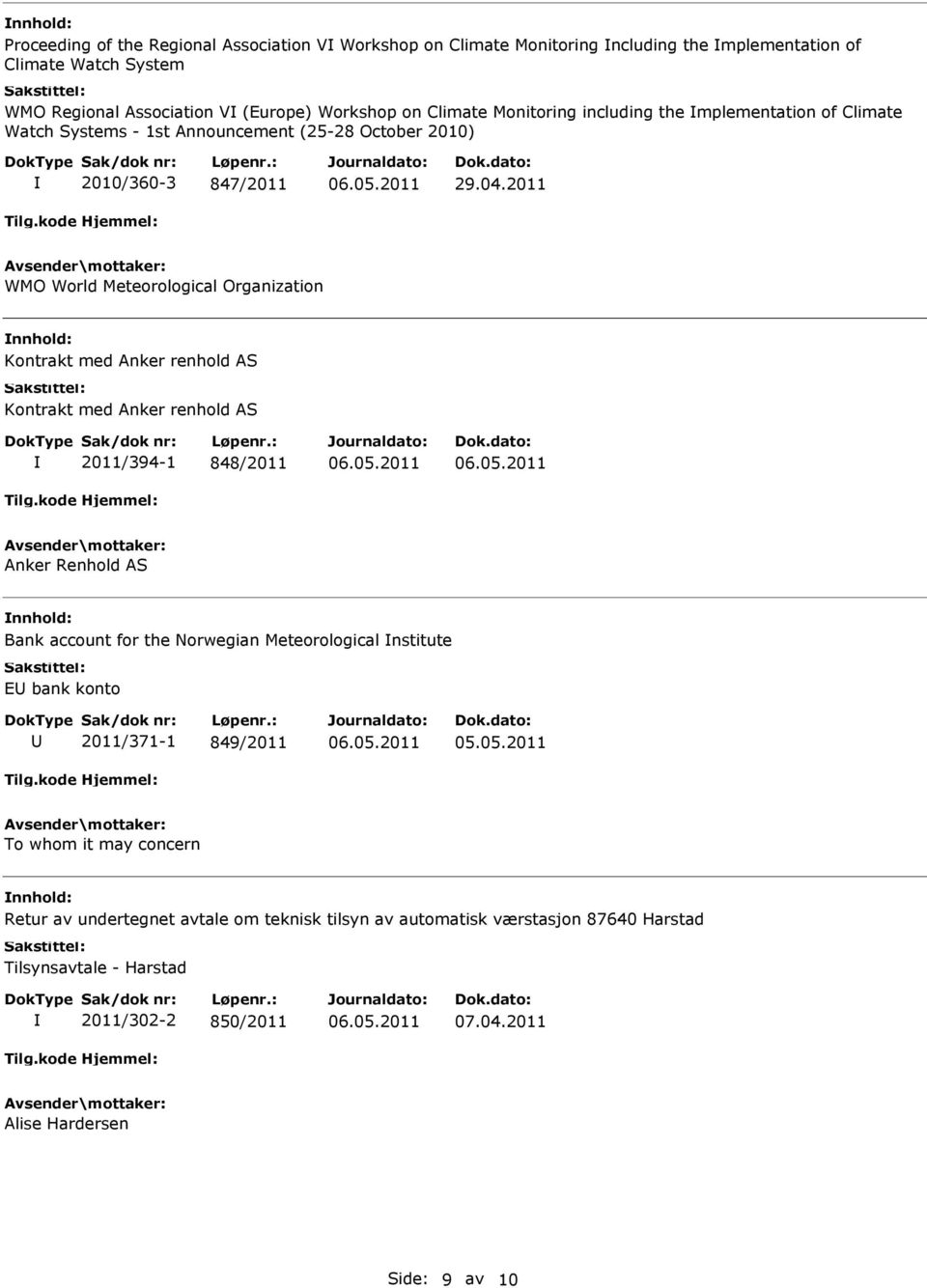 Kontrakt med Anker renhold AS 2011/394-1 848/2011 Anker Renhold AS nnhold: Bank account for the Norwegian Meteorological nstitute E bank konto 2011/371-1 849/2011 To whom it may