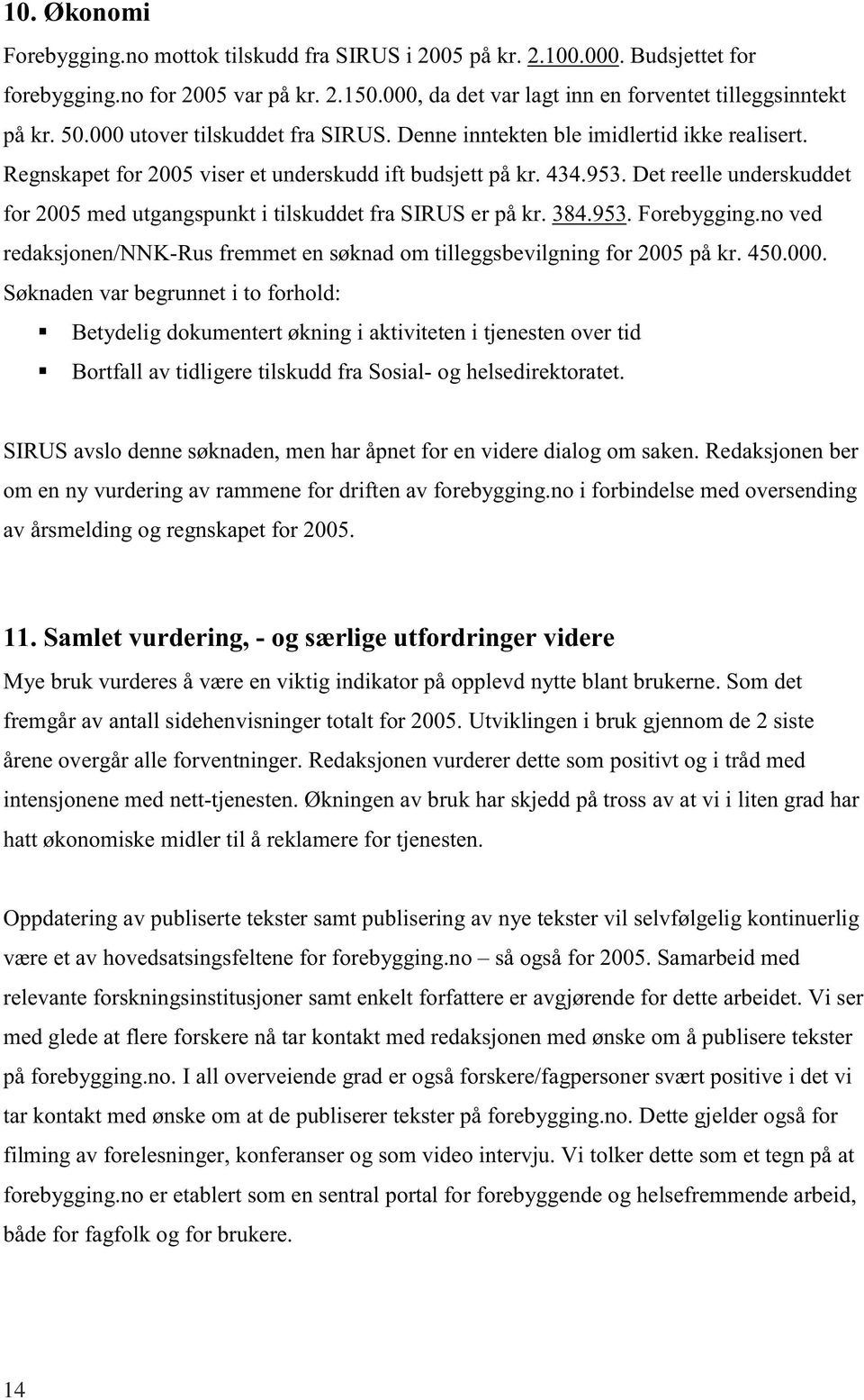 Det reelle underskuddet for 2005 med utgangspunkt i tilskuddet fra SIRUS er på kr. 384.953. Forebygging.no ved redaksjonen/nnk-rus fremmet en søknad om tilleggsbevilgning for 2005 på kr. 450.000.