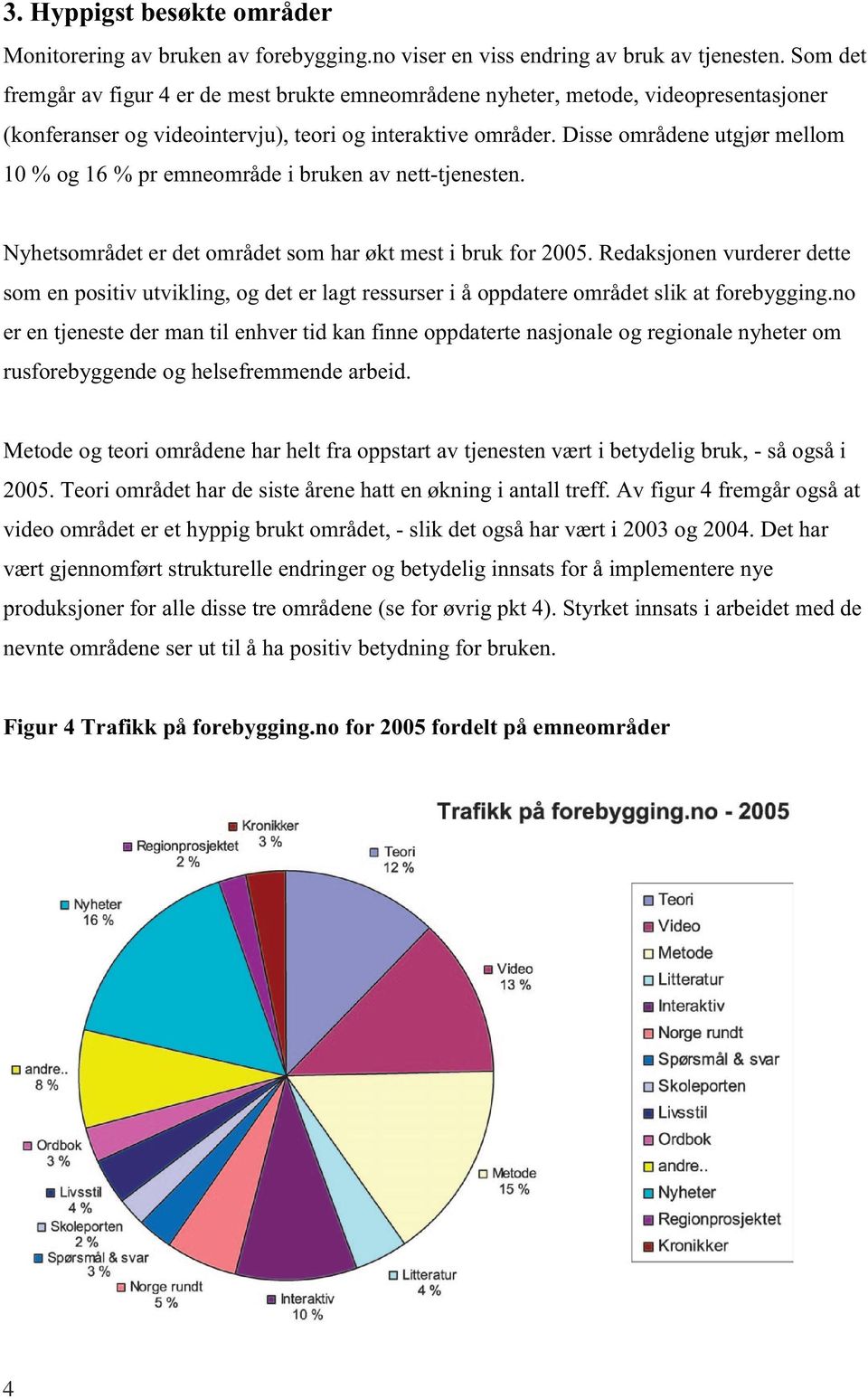 Disse områdene utgjør mellom 10 % og 16 % pr emneområde i bruken av nett-tjenesten. Nyhetsområdet er det området som har økt mest i bruk for 2005.