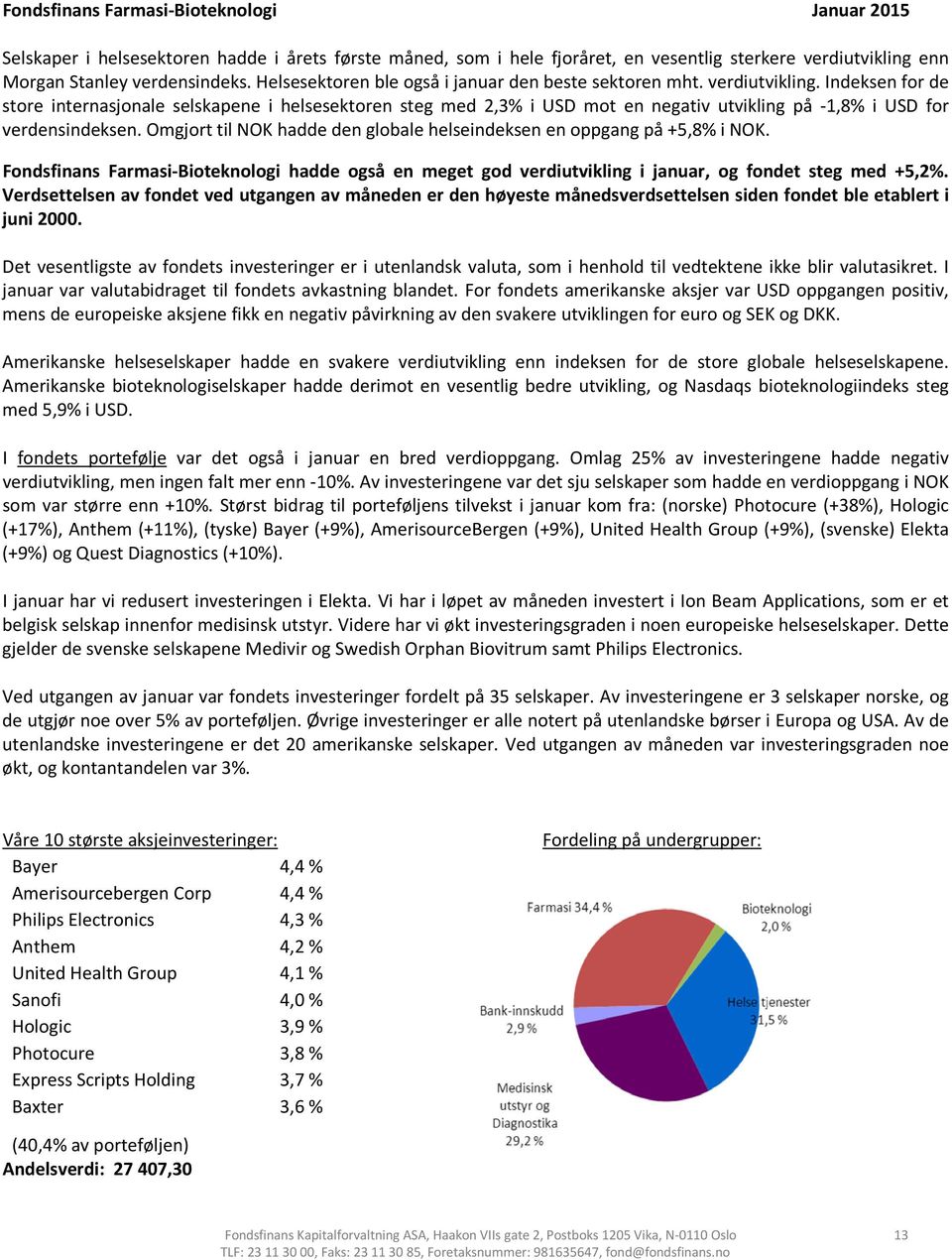 Indeksen for de store internasjonale selskapene i helsesektoren steg med 2,3% i USD mot en negativ utvikling på -1,8% i USD for verdensindeksen.