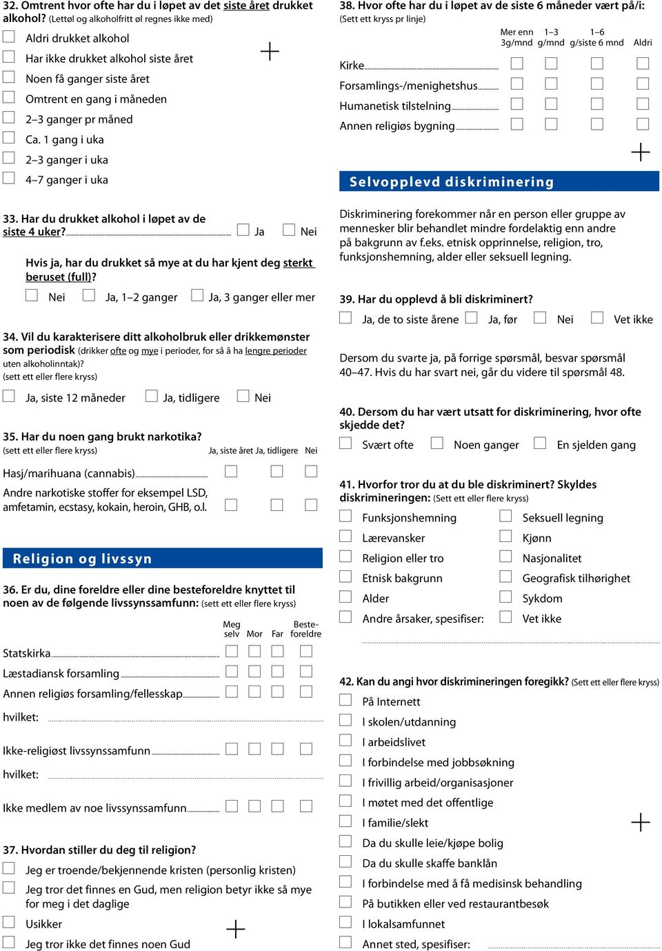 1 gang i uka 2 3 ganger i uka 4 7 ganger i uka 33. Har du drukket alkohol i løpet av de siste 4 uker?... Ja Nei Hvis ja, har du drukket så mye at du har kjent deg sterkt beruset (full)?