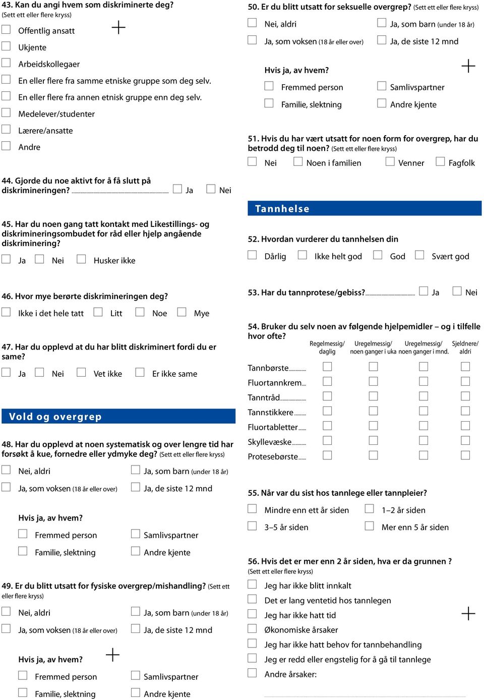 Fremmed person Familie, slektning Ja, som barn (under 18 år) Ja, de siste 12 mnd Samlivspartner Andre kjente 51. Hvis du har vært utsatt for noen form for overgrep, har du betrodd deg til noen?