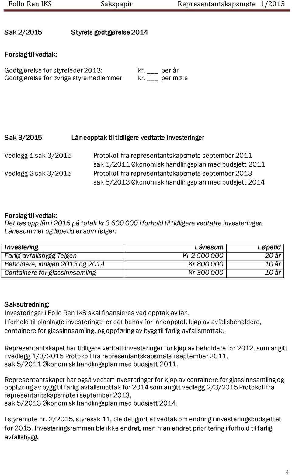 Vedlegg 2 sak 3/2015 Protokoll fra representantskapsmøte september 2013 sak 5/2013 Økonomisk handlingsplan med budsjett 2014 Forslag til vedtak: Det tas opp lån i 2015 på totalt kr 3 600 000 i