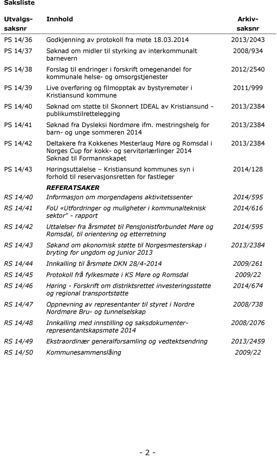 overføring og filmopptak av bystyremøter i Kristiansund kommune PS 14/40 Søknad om støtte til Skonnert IDEAL av Kristiansund - publikumstilrettelegging PS 14/41 PS 14/42 PS 14/43 RS 14/40 RS 14/41 RS