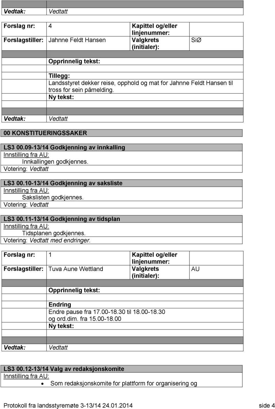 10-13/14 Godkjenning av saksliste Innstilling fra AU: Sakslisten godkjennes. Votering: Vedtatt LS3 00.11-13/14 Godkjenning av tidsplan Innstilling fra AU: Tidsplanen godkjennes.