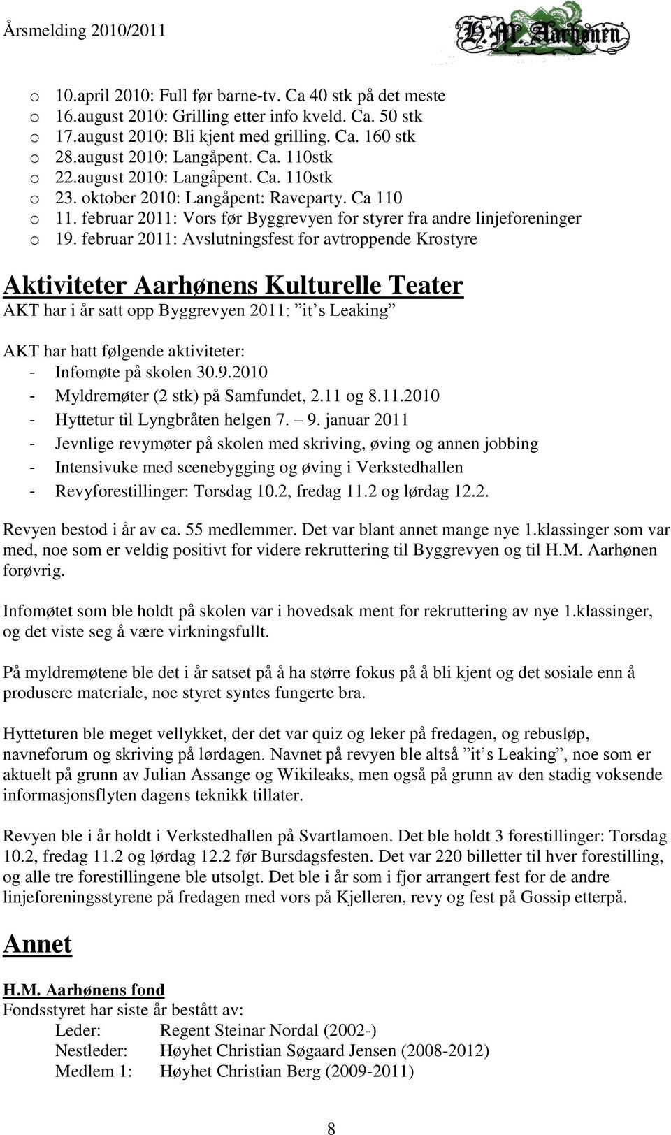 februar 2011: Avslutningsfest for avtroppende Krostyre Aktiviteter Aarhønens Kulturelle Teater AKT har i år satt opp Byggrevyen 2011: it s Leaking AKT har hatt følgende aktiviteter: - Infomøte på