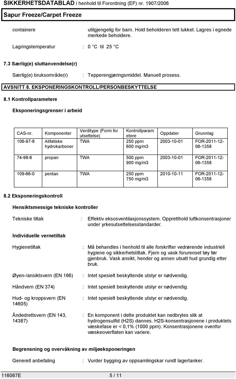 1 Kontrollparametere Eksponeringsgrenser i arbeid CAS-nr.