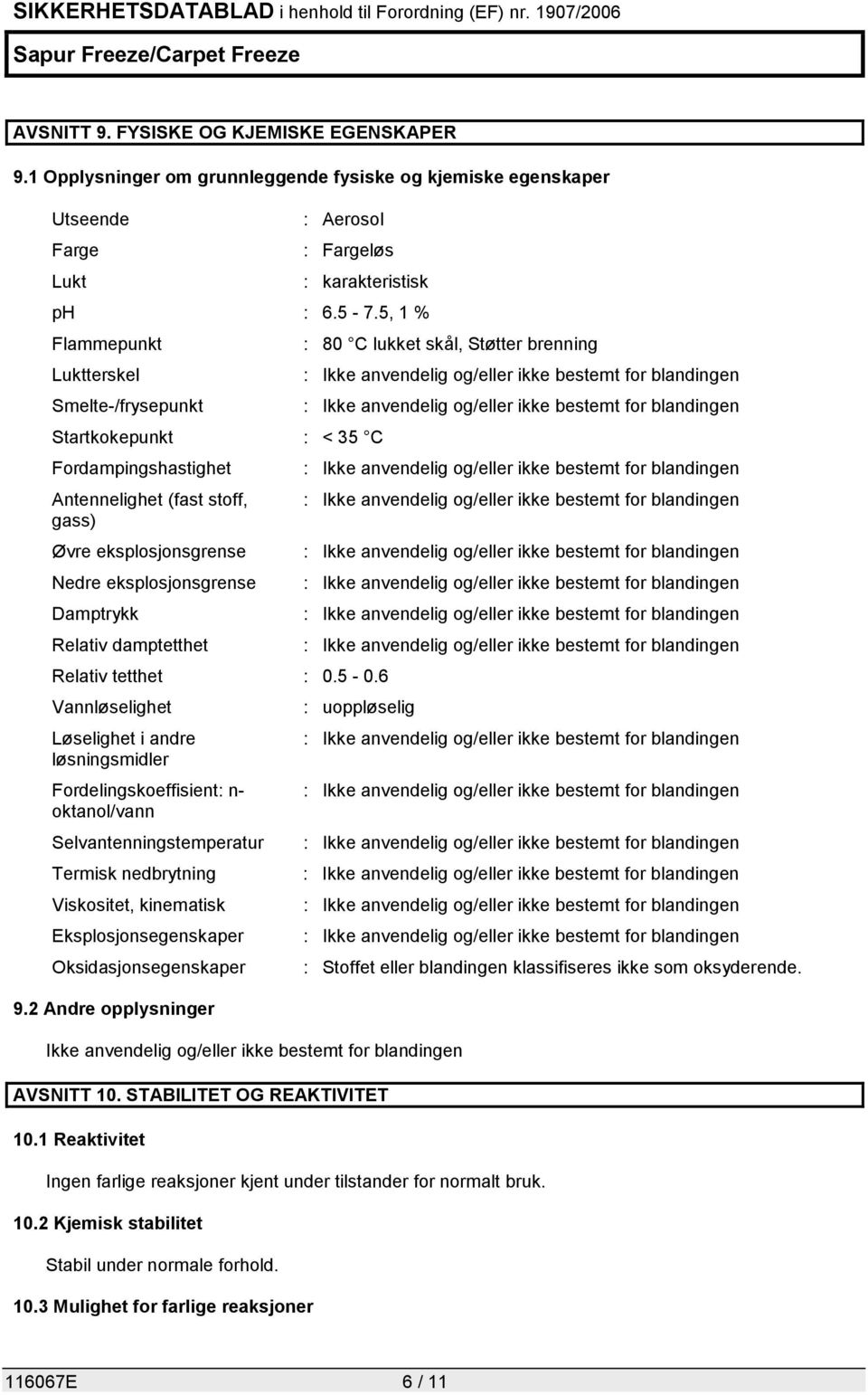 damptetthet Relativ tetthet : 0.5-0.