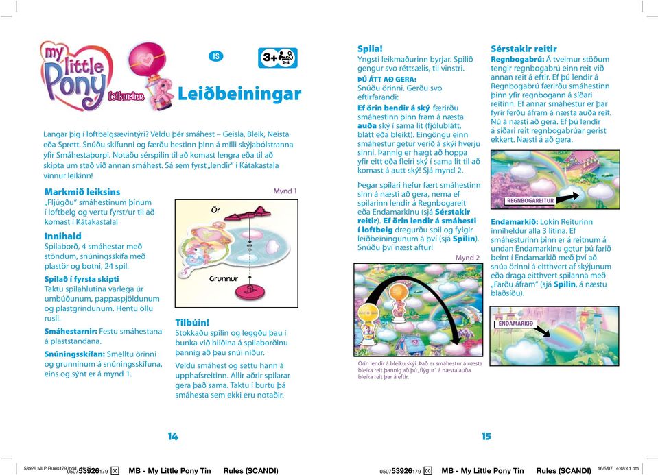 Markmið leiksins Fljúgðu smáhestinum þínum í loftbelg og vertu fyrst/ur til að komast í Kátakastala! Innihald Spilaborð, 4 smáhestar með stöndum, snúningsskífa með plastör og botni, 24 spil.