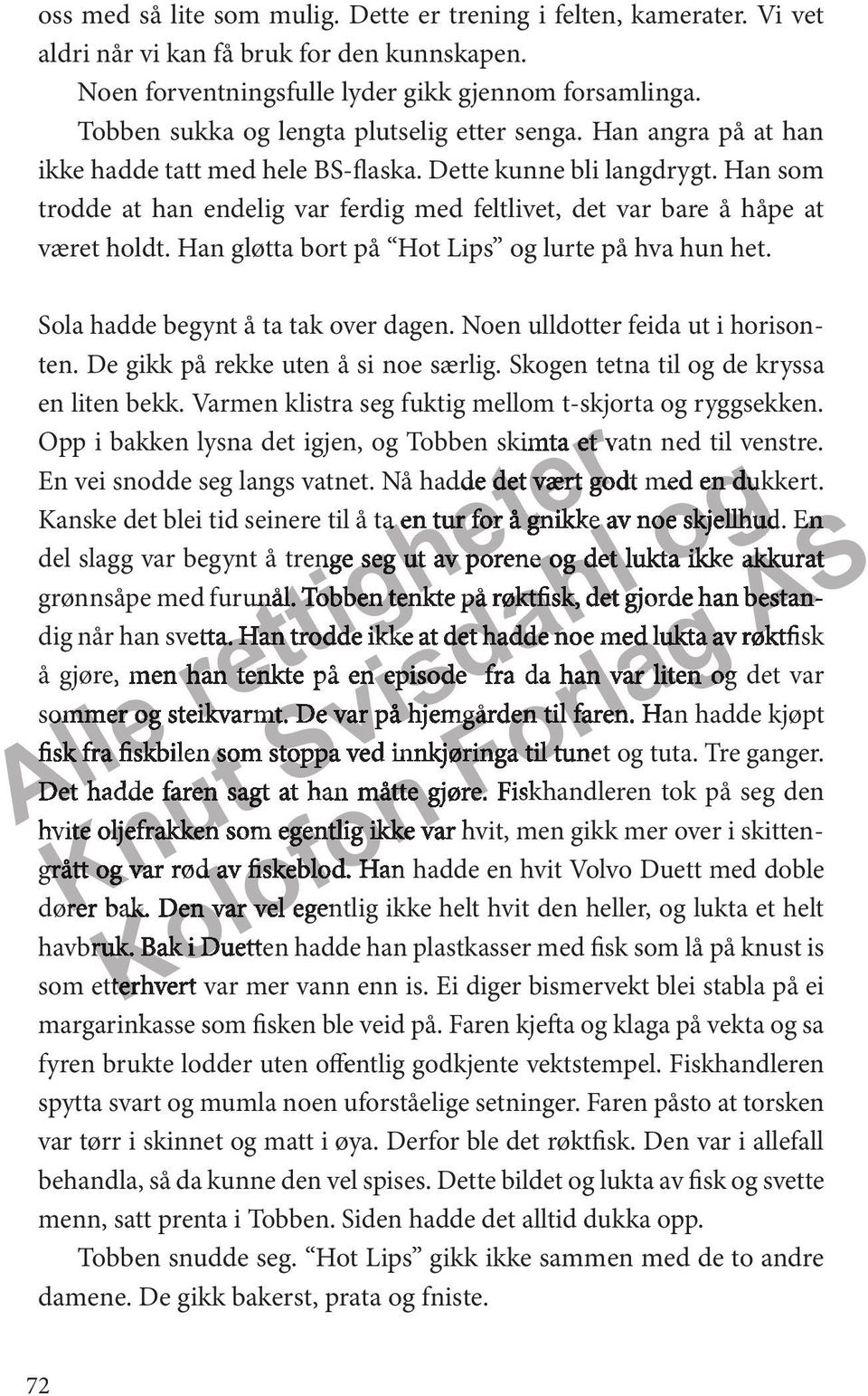 Han gløtta bot på Hot Lips og lute på hva hun het. Sola hadde begynt å ta tak ov dagen. Noen ulldott feida ut i hoisonten. De gikk på ekke uten å si noe sælig.