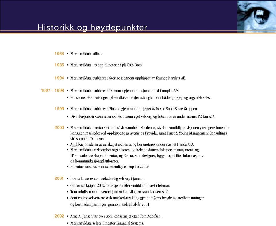 1999 Merkantildata etableres i Finland gjennom oppkjøpet av Nexor SuperStore Gruppen. Distribusjonsvirksomheten skilles ut som eget selskap og børsnoteres under navnet PC Lan ASA.