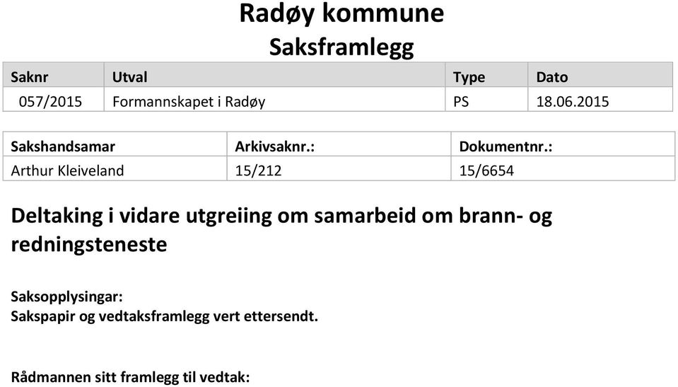 : Arthur Kleiveland 15/212 15/6654 Deltaking i vidare utgreiing om samarbeid om