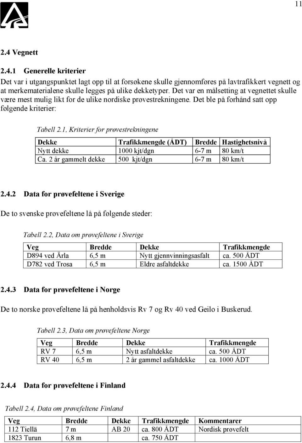 1, Kriterier for prøvestrekningene Dekke Trafikkmengde (ÅDT) Bredde Hastighetsnivå Nytt dekke 1000 kjt/dgn 6-7 m 80 km/t Ca. 2 år gammelt dekke 500 kjt/dgn 6-7 m 80 km/t 2.4.